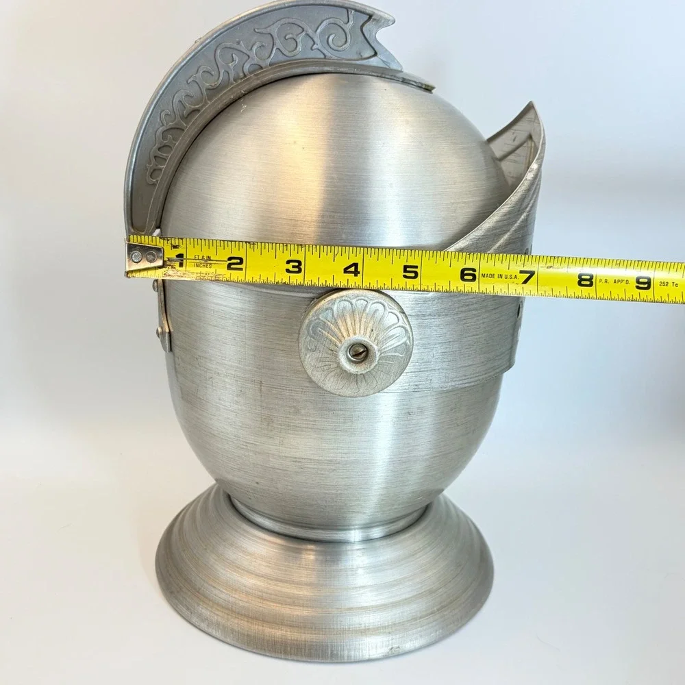 Vintage Knight Helmet Ice Bucket Aluminum Medieval Barware Silver Tone Insulated